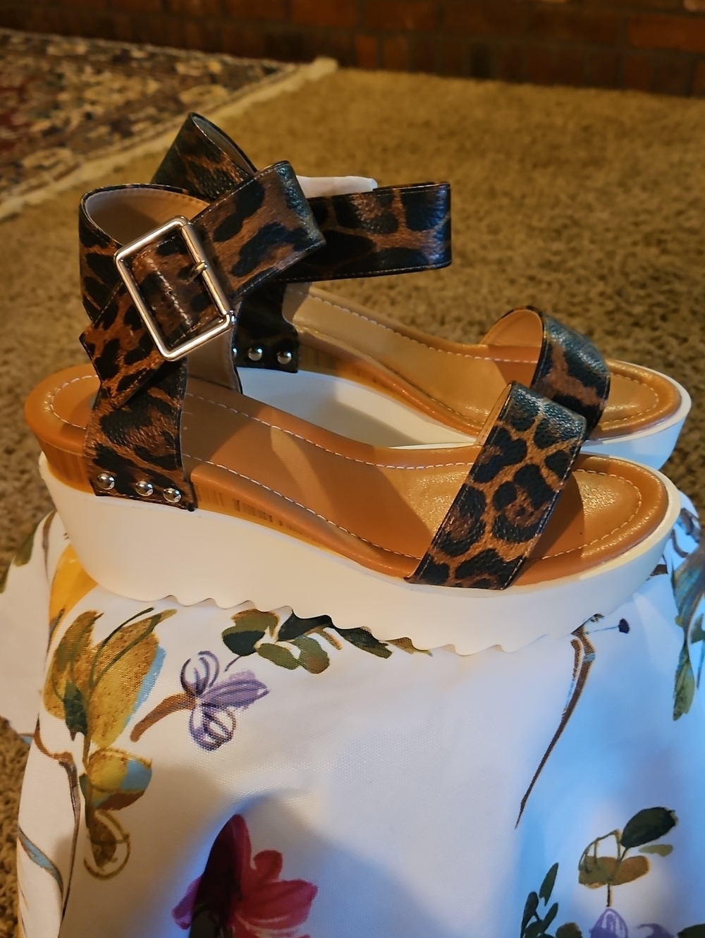 C Comfort Leopard Print Platform Wedge Sandals - Tan/Black Nwt Sz 9M